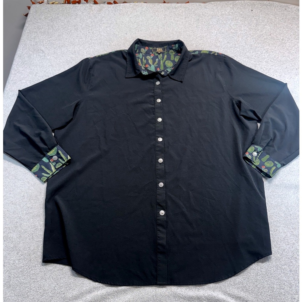 Lucky & Blessed Button Down Shirt Womens 3X Black Cactus Print Western Top Boho